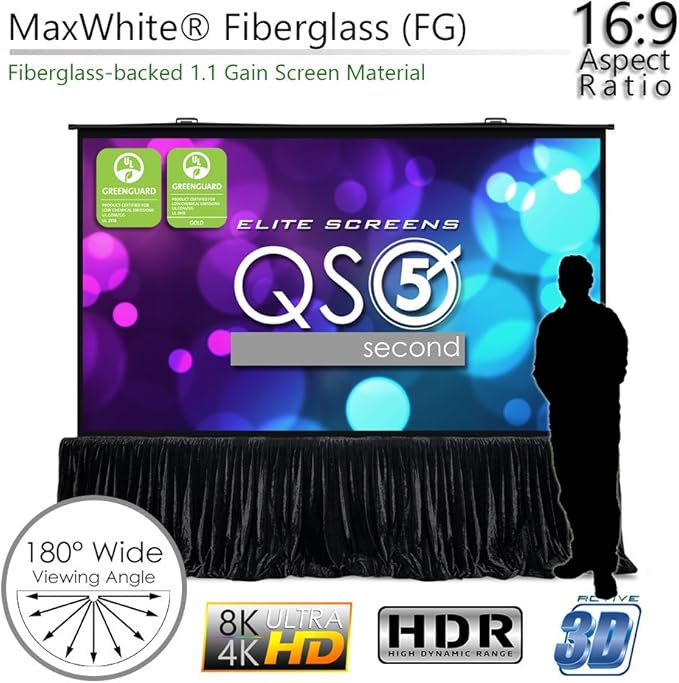 Elite Screens QuickStand 5-Second Series, 180-INCH 16:9, Manual Pull Up Projector Screen, Movie Home Theater 8K / 4K Ultra HD 3D Ready, 2-YEAR WARRANTY, QS180HD