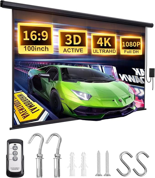 Projector Screen Motorized 100 Inch Electric Projector Screen with Remote Ceiling Mount Hooks, Pull Down Retractable Projection Screen Movie Screen Black 16:9, Automatic Projector Screen Roll Down