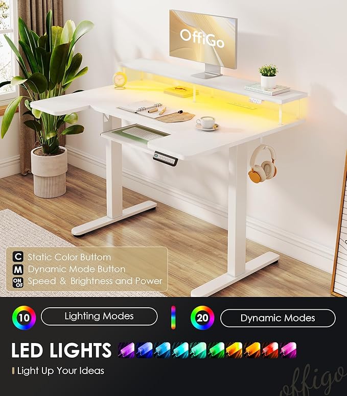 OffiGo U Shaped Electric Standing Desk with Keyboard Tray, 48 Inch Height Adjustable Desk with Power Outlets & LED Lights, Sit Stand Table with Monitor Stand for Home, Office, White