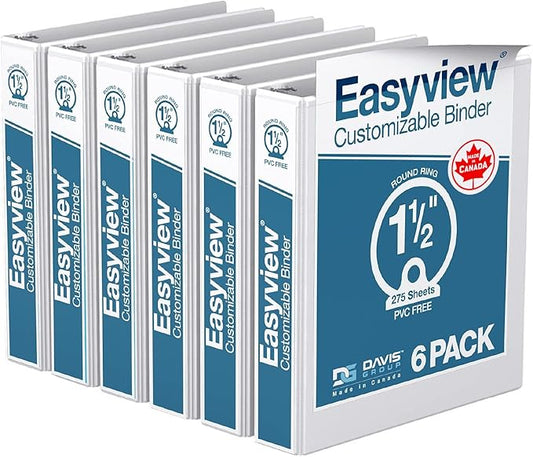 Easyview Premium 3-Ring Binders with Clear-View Covers and Round Rings, Binders for School or Office, 1.5 Inch, Pack of 6, White