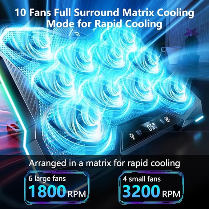 G-STORY Gaming Laptop Cooling Pad, Laptop Cooler with 10 Powerful Turbo Fans for 12-18 Inch Computer Notebook, 1 USB Port, 8 Height Adjustable Cooling Fan Stand