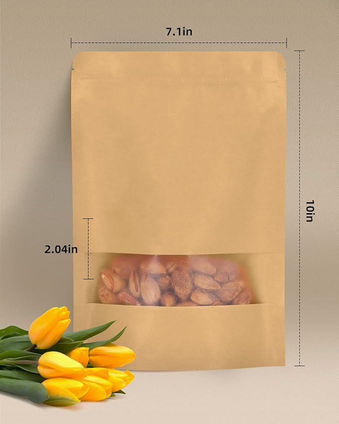 100pcs Kraft Bags with Window 7.1x10 Inches Brown Reusable Sealable Zip Lock Food Storage Stand up Paper Pouches for Home or Business