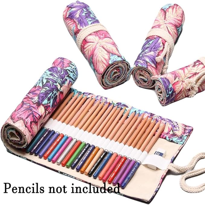 DIYOMR 24/36/72 Slots Pencil Wrap Pencil Rolls, Artist Colored Pencils Roll Up Bag Short Brushes Pouch Case Pencils Organizer for Drawing Coloring and Sketching (Maple Leaves, 72slots)