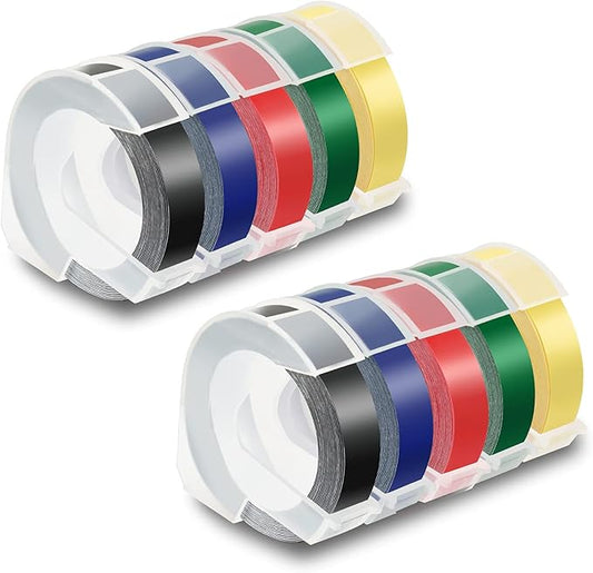 Pristar Compatible Label Tape Replacement for Dymo 3D 3/8 in x 9.8 ft Plastic Embossing Label Tapes 9mm for Dymo Organizer Xpress Pro Label Maker, White on Black/Red/Blue/Green/Light Yellow, 10-Pack