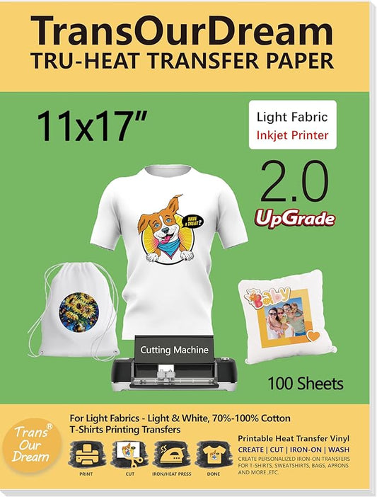 TransOurDream Iron on Heat Transfer Paper for Light T Shirts (100 Sheets, 11x17", Light 2.0) Printable HTV Heat Transfer Vinyl for Inkjet Printers Iron on Transfers for White Cotton Fabrics