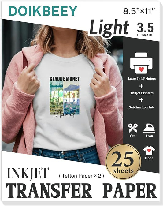 DOIKBEEY Upgraded Version 3.5 Heat Transfer Paper for T Shirts 25 Sheets, 8.5" x 11" Printable Heat Transfer Vinyl, Vivid Color & Durable Iron on Transfer Paper for Light Fabric