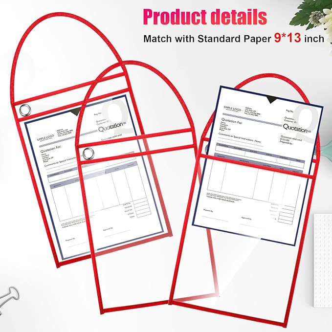 Epakh 30 Pack Office Products Shop Ticket Holders with Hanging Strap 9 x 12 Inches, Dry Erase Pockets, Job Ticket Holders, Both Sides Clear, Welcome to Work Order(Red)