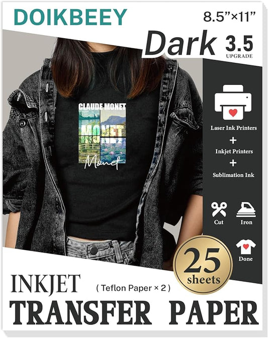 DOIKBEEY Upgraded Version 3.5 Heat Transfer Paper for T Shirts 25 Sheets, 8.5" X 11" Printable Heat Transfer Vinyl, Vivid Color & Durable Iron on Transfer Paper for Dark Fabric