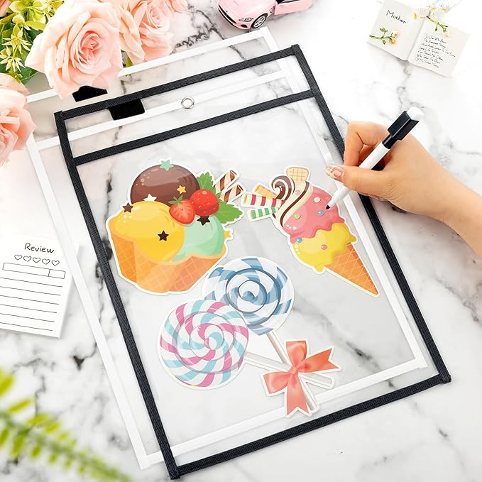 Seajan 120 Pcs Clear Dry Erase Pockets Plastic Sleeves for Paper 14 x 10 Inch Reusable Document Holder Shop Ticket Holders Dry Erase Pocket Organizer Teacher Supplies for Classroom (Black, White)