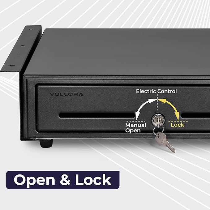 Volcora Cash Register Drawer with Under Counter Mounting Bracket - 16" Black Drawer for POS, 5 Bill 8 Coin Compartment, Fully Removable 2 Tier Cash Tray, 24V RJ11/RJ12 Key-Lock, Double Media Slot