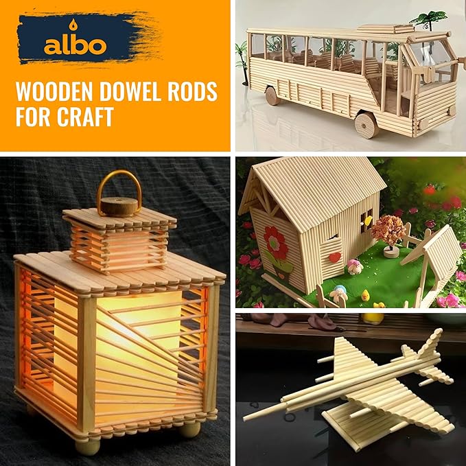 ALBO Wooden Dowel Rods 100 PCS 1/4" x 6" Inch Round Wood Sticks for Crafts, DIY Projects and Macrame Hardwood Assorted Bouquet Sticks Cake Dowels for Tiered Cakes