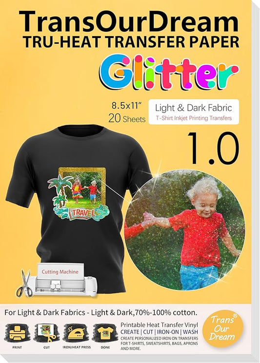 TransOurDream Heat Transfer Paper for Dark T Shirts (Glitter, 20 Sheets, 8.5x11") Iron on Transfers Paper for Dark Fabric Printable Heat Transfer Vinyl for Inkjet Printer