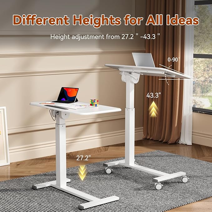 Mobile Standing Desk, Height Adjustable Left/Right Overbed Bedside Table, 90° Tiltable Portable Laptop Desk with Wheels, Foldable Computer Cart for Hospital Home Use, White