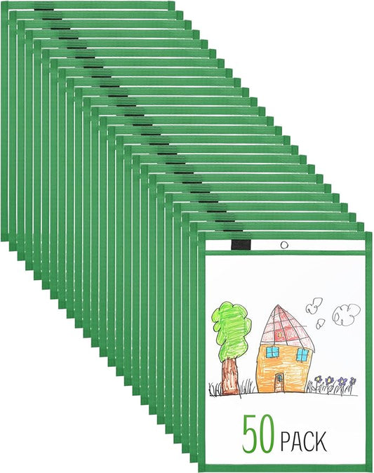Nezyo Dry Erase Pockets Plastic Job Ticket Holders Shop Holder Order Pockets Clear Sleeves Tickets Folders Plastic Sleeves Paper Teacher Supplies for Classroom(14 x 10 in,Green,50 Pcs)