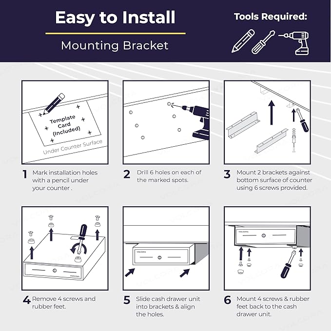 Volcora Cash Register Drawer with Under Counter Mounting Bracket - 16" Black Drawer for POS, 5 Bill 8 Coin Compartment, Fully Removable 2 Tier Cash Tray, 24V RJ11/RJ12 Key-Lock, Double Media Slot