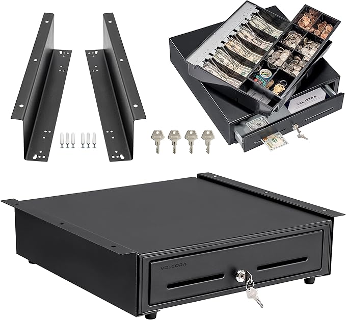 Volcora Cash Register Drawer with Under Counter Mounting Bracket - 16" Black Drawer for POS, 5 Bill 8 Coin Compartment, Fully Removable 2 Tier Cash Tray, 24V RJ11/RJ12 Key-Lock, Double Media Slot