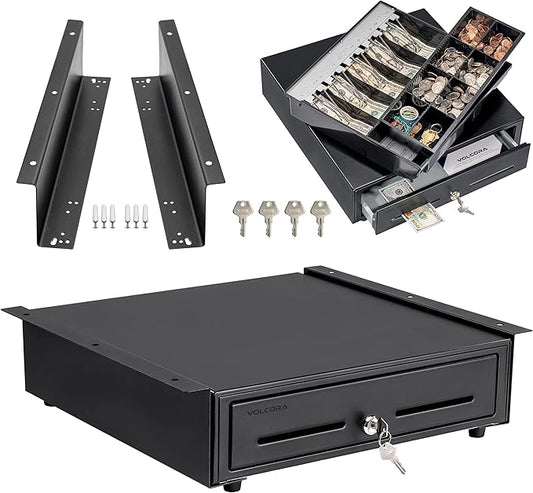 Volcora Cash Register Drawer with Under Counter Mounting Bracket - 16" Black Drawer for POS, 5 Bill 8 Coin Compartment, Fully Removable 2 Tier Cash Tray, 24V RJ11/RJ12 Key-Lock, Double Media Slot