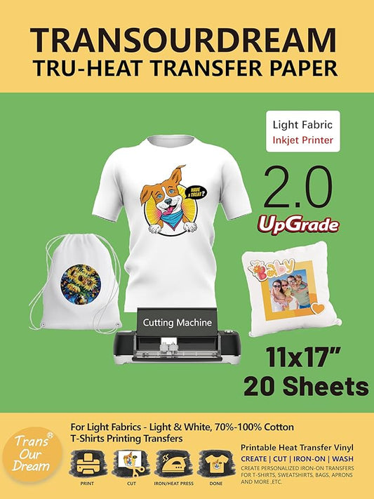 TransOurDream Iron on Heat Transfer Paper for Light T Shirts (20 Sheets, 11x17", Light 2.0) Printable HTV Heat Transfer Vinyl for Inkjet Printers Iron on Transfers for White Cotton Fabrics