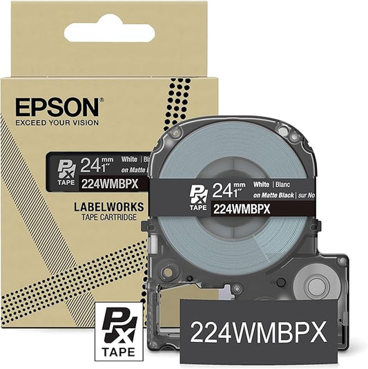 Epson LABELWORKS 224WMBPX Genuine PET (Polyester) Tape Cartridge - White on Matte Black Designer Craft Label Maker Tape - 1" (24MM) Wide, 26'