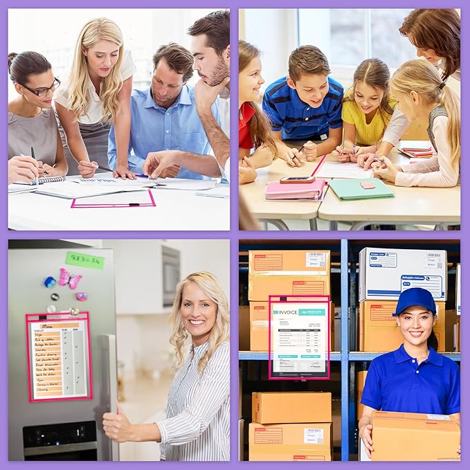 Nezyo Dry Erase Pockets Plastic Job Ticket Holders Shop Holder Order Pockets Clear Sleeves Tickets Folders Plastic Sleeves Paper Teacher Supplies for Classroom(14 x 10 in,Rose Red,50 Pcs)