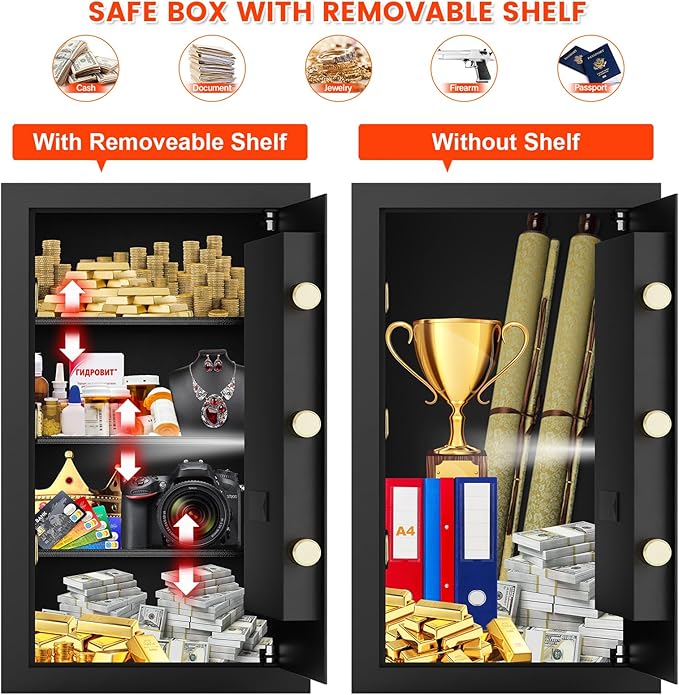 4.5 Cubic Large Fireproof Safe Box with Fireproof Document Bag, Personal Security Home Safe with 3 Removable Shelf, Anti-Theft Lock Box for Documents Money Jewelry Valuables