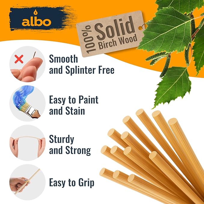 ALBO Wooden Dowel Rods 100 PCS 1/4" x 6" Inch Round Wood Sticks for Crafts, DIY Projects and Macrame Hardwood Assorted Bouquet Sticks Cake Dowels for Tiered Cakes
