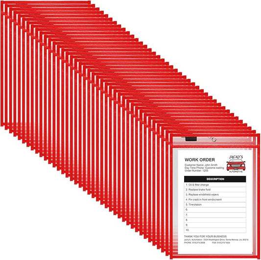 Nezyo Dry Erase Pockets Plastic Job Ticket Holders Shop Holder Order Pockets Clear Sleeves Tickets Folders Plastic Sleeves Paper Teacher Supplies for Classroom(12 x 9.5 in,Red,50 Pcs)