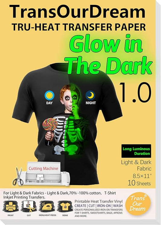 TransOurDream Heat Transfer Paper for Dark T Shirts (10 Sheets, 8.5x11'') GLOW IN THE DARK Iron on Transfers Paper Printable Heat Transfer Vinyl for Inkjet Printer