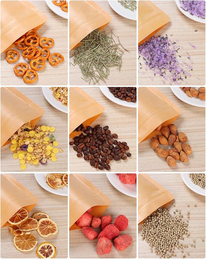 100pcs Kraft Bags with Window 7.1x10 Inches Brown Reusable Sealable Zip Lock Food Storage Stand up Paper Pouches for Home or Business