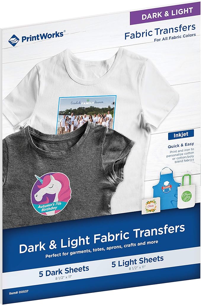 PrintWorks Printable Iron on Heat Transfer Paper for Dark & Light Fabrics & T-Shirts, 8.5” x 11”, 10 Sheets, Made in the USA
