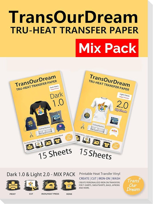 TransOurDream Iron on Heat Transfer Paper for Dark and Light Fabrics (15+15 Sheets, 8.5x11", Mix Pack) Iron on Transfers for T Shirts Printable HTV Heat Transfer Vinyl for Inkjet Printers
