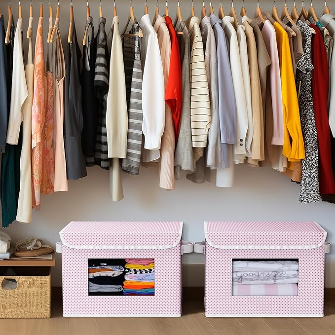 Univivi Fabric Foldable Storage Boxes [4-Pack] Large Collapsible Stackable Storage Bins with Lids, Closet Organizers and Storage Cube Basket for Home, Office, Bedroom (Pink, 17”x 12” x 12”)