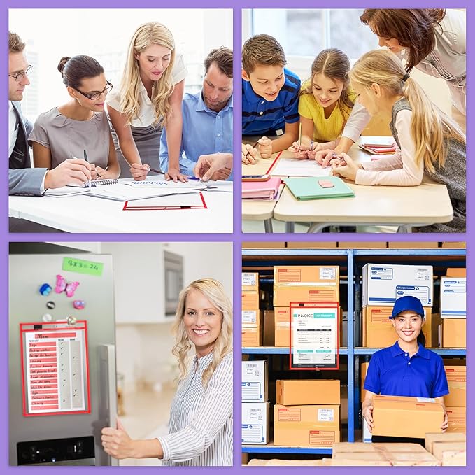 Nezyo Dry Erase Pockets Plastic Job Ticket Holders Shop Holder Order Pockets Clear Sleeves Tickets Folders Plastic Sleeves Paper Teacher Supplies for Classroom(14 x 10 in,Red,12 Pcs)