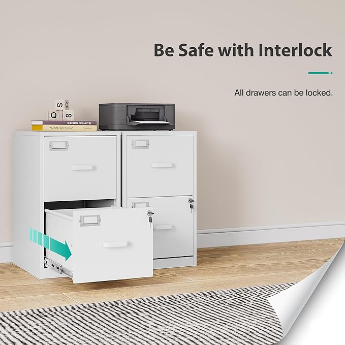 SISESOL 2 Drawer File Cabinet with Lock and Tag,Narrow Two Drawer Filing Cabinet,Vertical Metal File Cabinets,White Small Filing Cabinets for Home Office Fit Letter/A4/Legal Size File,Easy Assembly