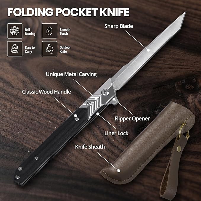 EDC Pocket Knife for Men, Slim Folding Knives with 3.74 inches Tanto Blade, Outdoor Hiking Knife Gifts for Men