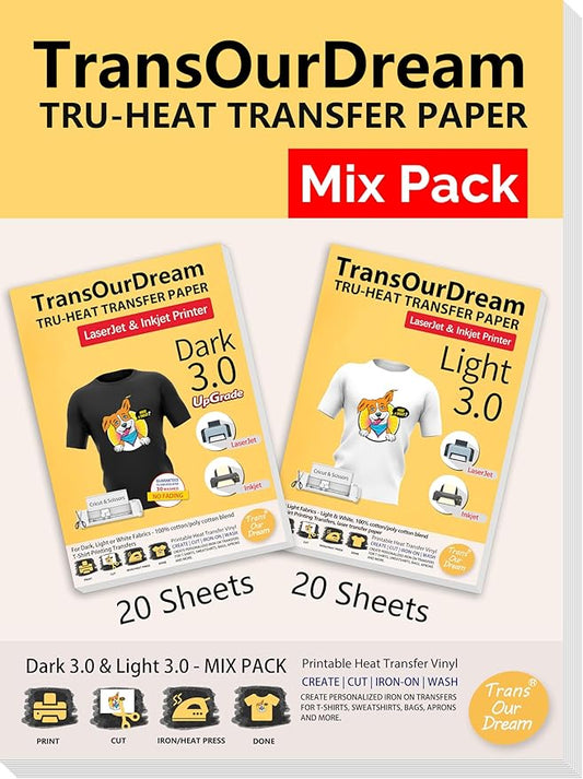 TransOurDream Tru-Heat Transfer Paper for T Shirts (20+20 Sheets, 8.5x11", Mix Pack) Printable Heat Transfer Vinyl for Dark & Light Fabrics Iron on Transfers for Laserjet & Inkjet Printer