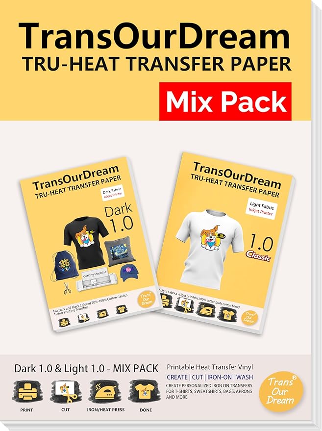 TransOurDream Tru-Heat Transfer Paper for Dark and Light Fabric (15+15 Sheets, 8.5x11", Mix Pack) Printable HTV Heat Transfers Vinyl for Inkjet Printers Iron on Transfers for T Shirts