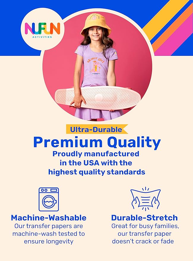 NuFun Activities Printable Iron-on Heat Transfer Paper for T Shirts, Dark Fabrics, 50 Sheets 8.5 x 11 inch, Long Lasting, Durable, Professional Quality, Easy DIY, Non-Toxic, Made in The USA