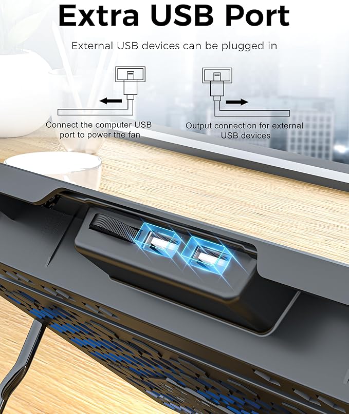 AICHESON Laptop Cooling Pad 5 Fans Up to 17.3 Inch Heavy Notebook Cooler, Blue LED Lights, 2 USB Ports, S035, Blue-5fans