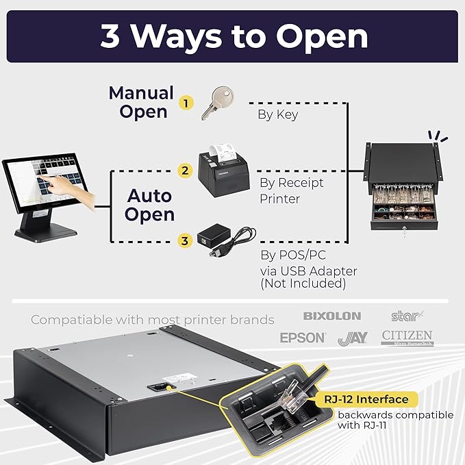 Volcora Cash Register Drawer with Under Counter Mounting Bracket - 16" Black Drawer for POS, 5 Bill 8 Coin Compartment, Fully Removable 2 Tier Cash Tray, 24V RJ11/RJ12 Key-Lock, Double Media Slot