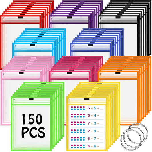 Teling 150 Pcs Dry Erase Pockets Bulk Reusable Job Ticket Holders Clear Plastic Sleeve Protector Work Order Sleeve Shop Ticket Holder for Welcome Teacher Back Office Supplies(10 x 14'',Multicolor)