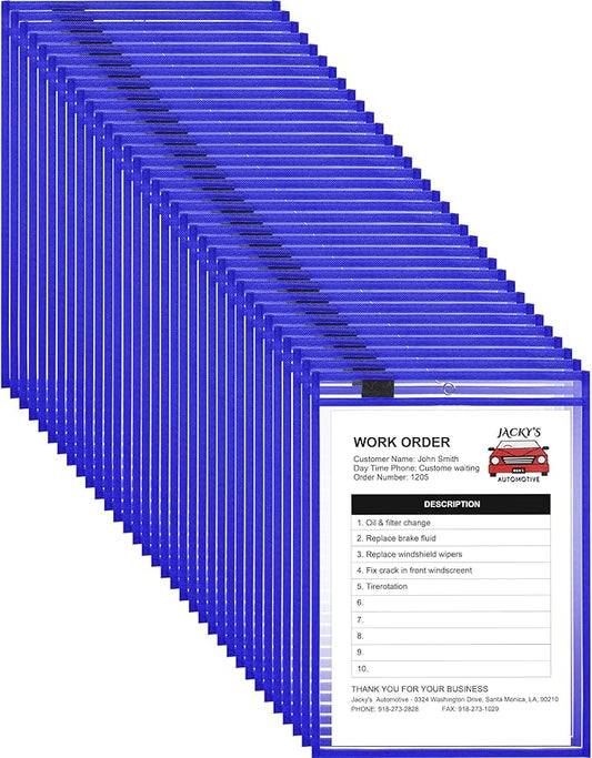 Nezyo Dry Erase Pockets Plastic Job Ticket Holders Shop Holder Order Pockets Clear Sleeves Tickets Folders Plastic Sleeves Paper Teacher Supplies for Classroom(14 x 10 in,Blue,50 Pcs)