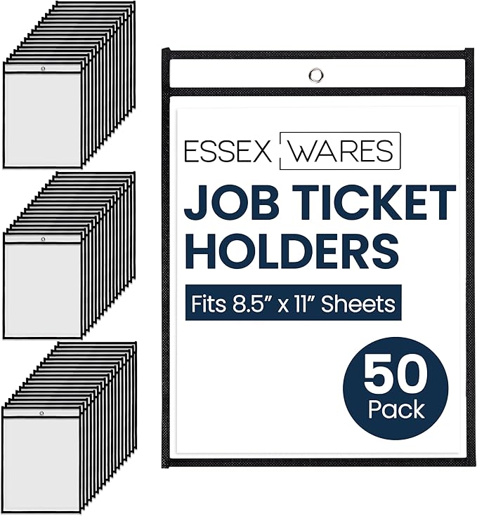 Essex Wares - 50 Pack, Black, Job Ticket Holders, 10" Wide x 13.5" Tall - Clear Plastic Shop Ticket Holders - Easy to Use, Reusable & Easy Erase Plastic Invoice Holders, Water-Resistant & Durable