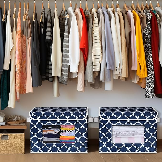 Univivi Fabric Foldable Storage Boxes [4-Pack] Large Collapsible Stackable Storage Bins with Lids, Closet Organizers and Storage Cube Basket for Home, Office, Bedroom (Blue Lantern, 17”x 12” x 12”)