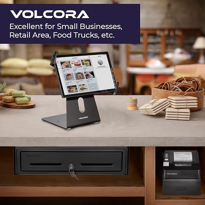 Volcora Cash Register Drawer with Under Counter Mounting Bracket - 16" Black Drawer for POS, 5 Bill 8 Coin Compartment, Fully Removable 2 Tier Cash Tray, 24V RJ11/RJ12 Key-Lock, Double Media Slot