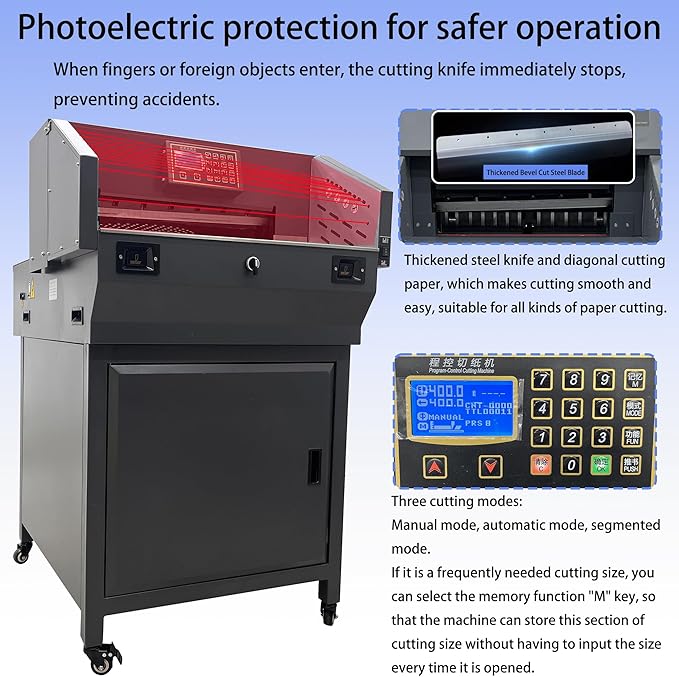 Electric Paper Cutter 110V Programmable Guillotine Cutter with LCD Display Double Safety Buttons Maximum Cutting Length 490mm Three Cutting Modes for Cutting Books Pictures Documents Files