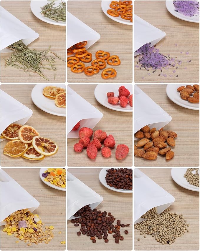 50pcs Kraft Bags with Window 5.9x8.6 Inches White Reusable Sealable Zip Lock Food Storage Stand up Paper Pouches for Home or Business