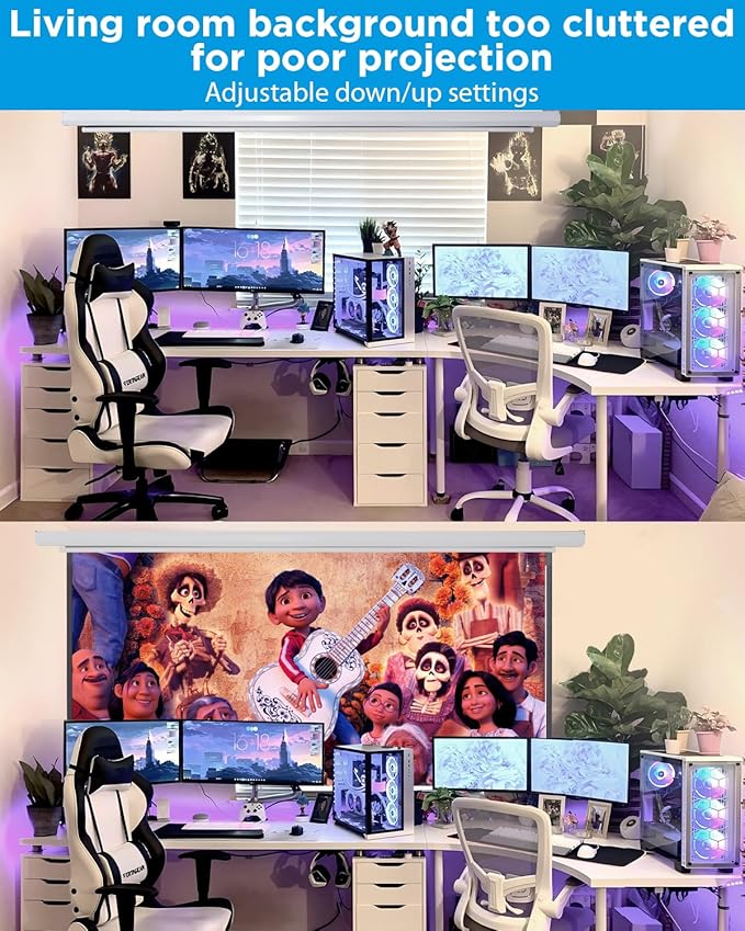 Electric Projector Screen 100 Inch with Remote Control Ceiling Mount Hooks, Pull Down Retractable Projector Screen Motorized Movie Screen White 16:9, Automatic Projector Screen Roll Down Indoor