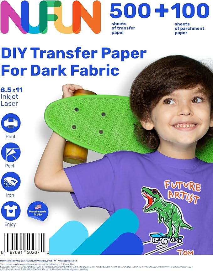 NuFun Activities Printable Iron-on Heat Transfer Paper for T Shirts, Dark Fabrics, 500 Sheets 8.5 x 11 inch, Long Lasting, Durable, Professional Quality, Easy DIY, Non-Toxic, Made In the USA
