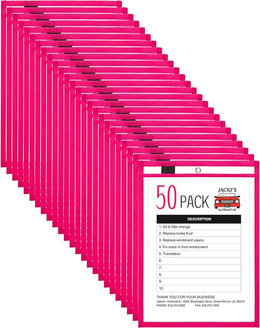 Nezyo Dry Erase Pockets Plastic Job Ticket Holders Shop Holder Order Pockets Clear Sleeves Tickets Folders Plastic Sleeves Paper Teacher Supplies for Classroom(14 x 10 in,Rose Red,50 Pcs)